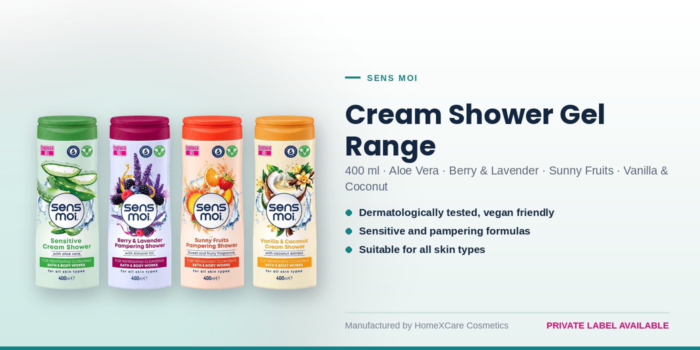 Sens Moi 400 ml cream shower gels — aloe vera, berry and lavender, sunny fruits, vanilla and coconut