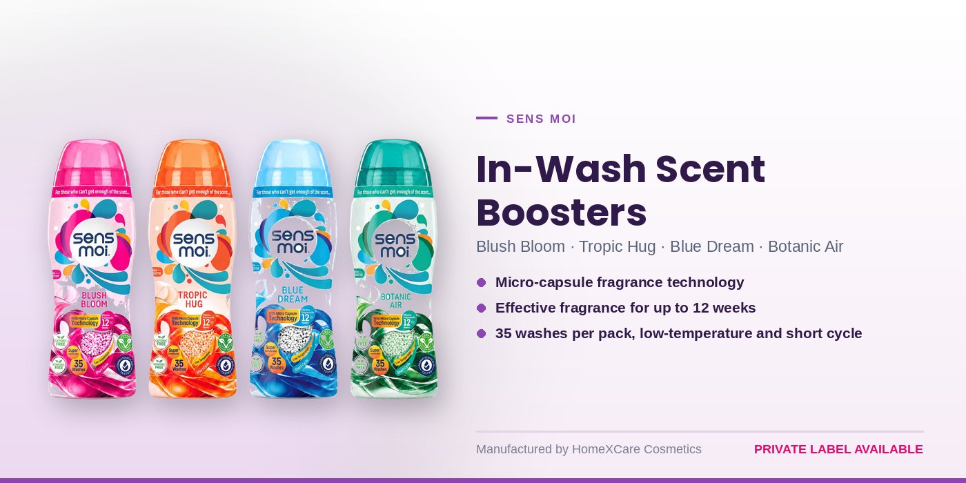 Sens Moi in-wash scent boosters in Blush Bloom, Tropic Hug, Blue Dream and Botanic Air